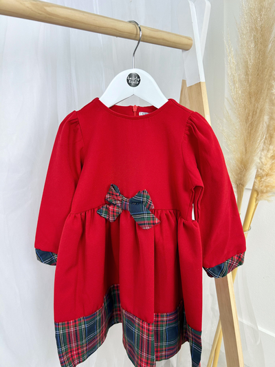 Girls Red Dress With Tartan Bow