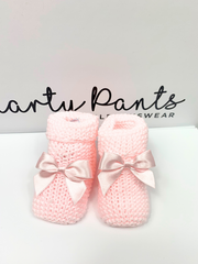 Knitted Baby Booties With Satin Bow - 2 Colours