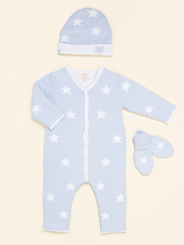 Caramelo Kids Knitted Star Romper With Hat & Mittens - Blue