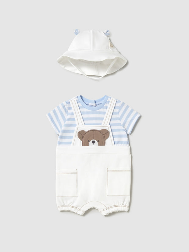 Mayoral Baby Boy White Teddy Dungaree Romper With Sun Hat