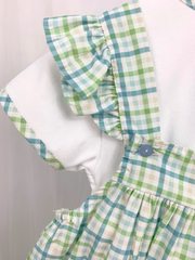 Toddler Girl White & Green Checked Pinafore Dress