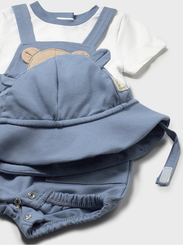 Mayoral Baby Boy Blue Teddy Dungaree Romper With Sun Hat