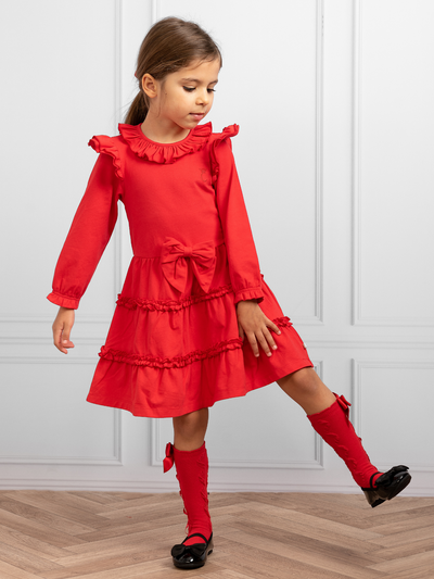 Long Sleeve Red Tiered Frill Dress With Bow