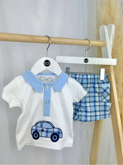 Baby Boy Blue Checkered Car Shorts Set