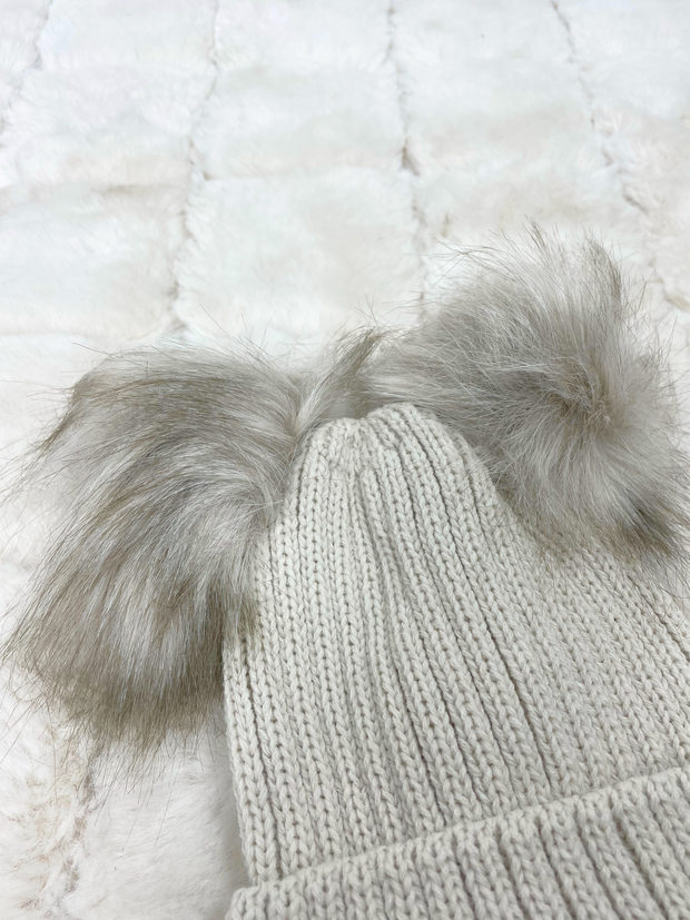 Double Pom Taupe Knit Hat