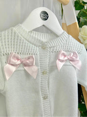 Baby Girl 'Emmy' White & Pink Bow Cardigan