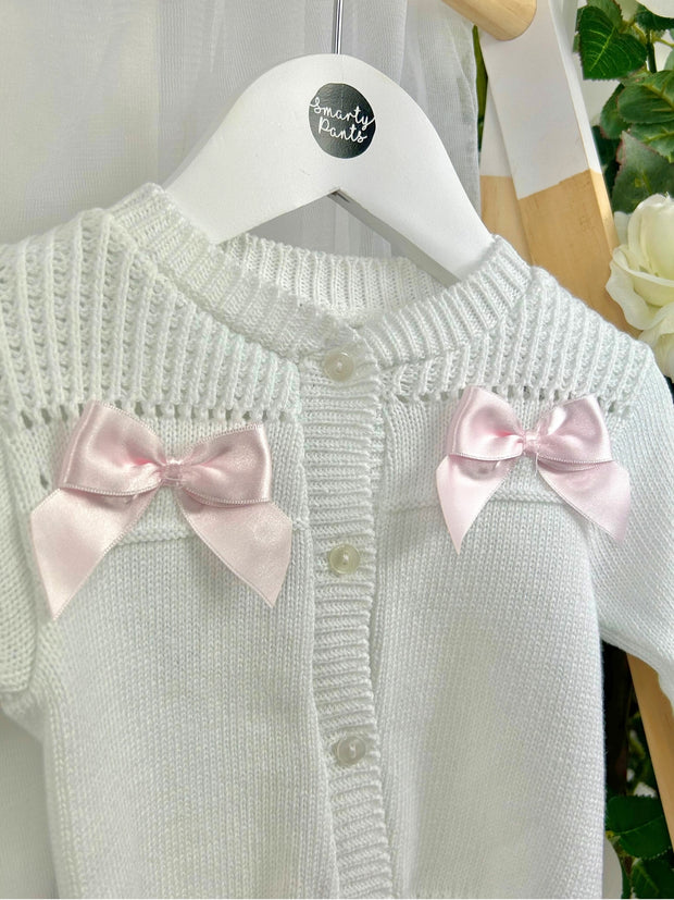 Baby Girl 'Emmy' White & Pink Bow Cardigan