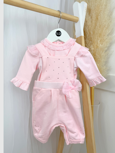Mintini Baby Girl Pink Diamante Dungaree Set  (3M - 2Y)