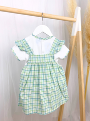 Toddler Girl White & Green Checked Pinafore Dress