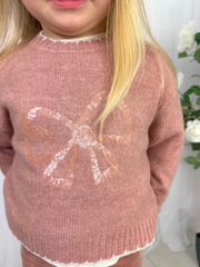 Mayoral Junior Girl Pink & Cream Bow Jumper (3Y-8Y)