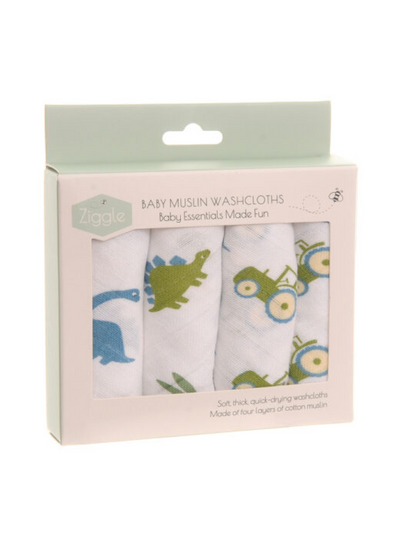 Tractor & Dino Washcloths - 4 Pack