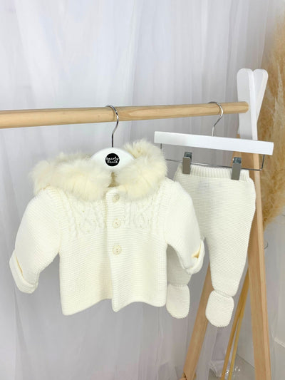 Unisex Baby Cream Knitted Outfit Set With Faux Fur Hood