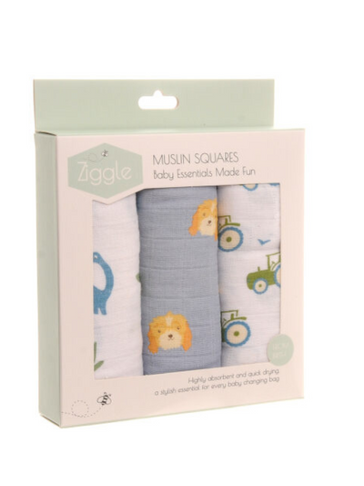 Baby Boy Muslin 3 Pack - Dino, Puppy & Tractor