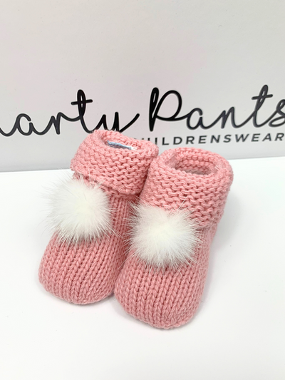 Knitted Baby Booties With Faux Fur Pom Pom - 5 Colours