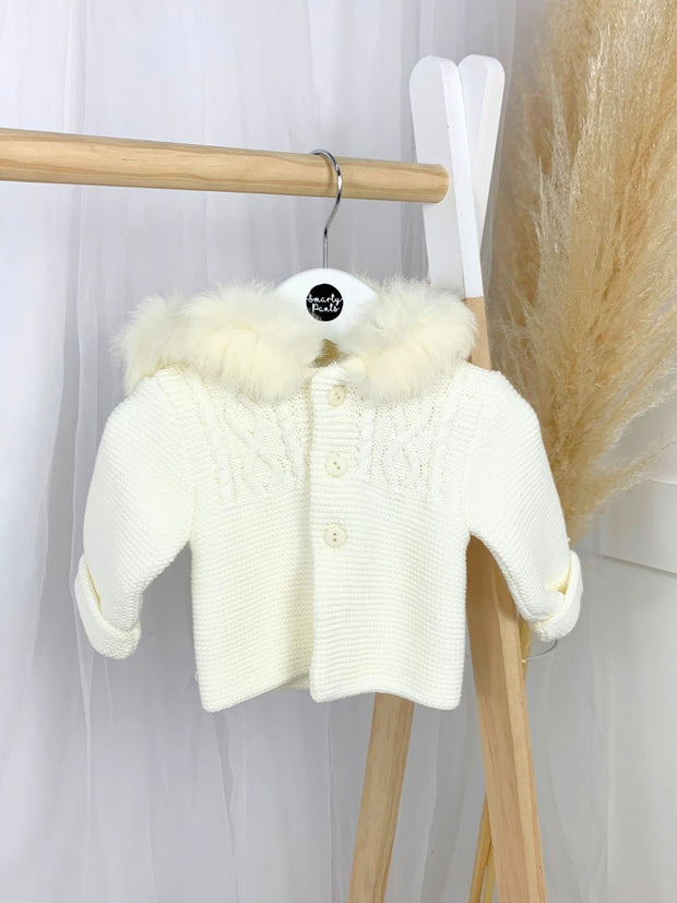 Unisex Baby Cream Knitted Outfit Set With Faux Fur Hood