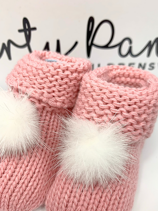 Knitted Baby Booties With Faux Fur Pom Pom - 5 Colours