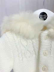 Unisex Baby Cream Knitted Outfit Set With Faux Fur Hood