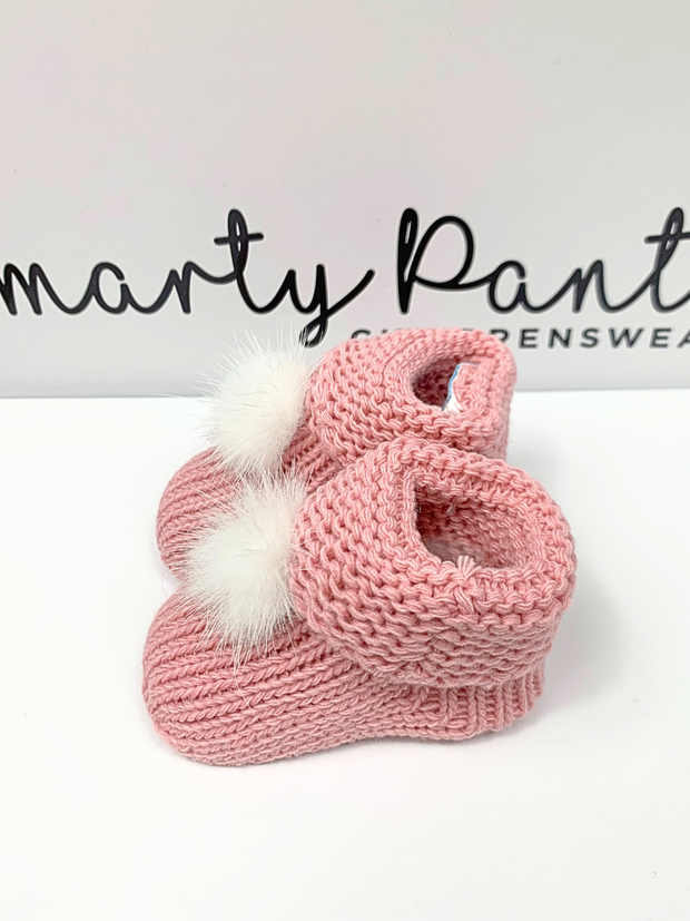 Knitted Baby Booties With Faux Fur Pom Pom - 5 Colours