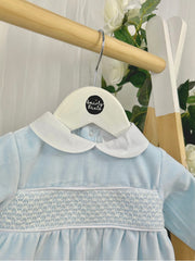 Pex Blue Smocked Velour Babygrow (0M-9M)