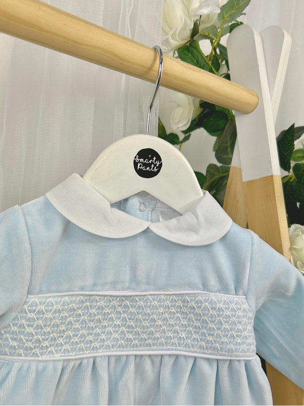 Pex Blue Smocked Velour Babygrow (0M-9M)