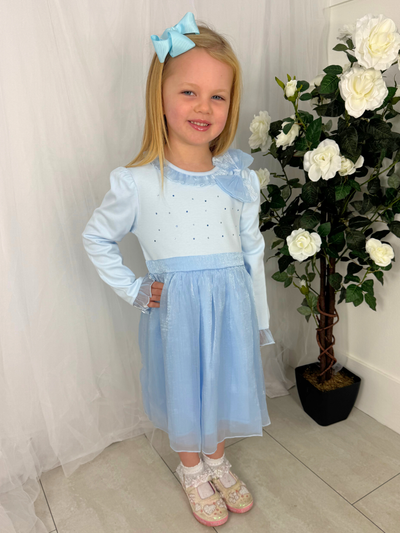 Mintini Girls Blue Bow Frill Dress (3M - 5Y)
