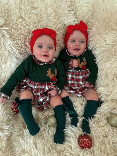 Girls Green & Red Reindeer Knit Tartan Dress (3M-3Y)