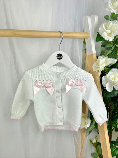 Baby Girl 'Emmy' White & Pink Bow Cardigan
