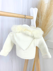 Unisex Baby Cream Knitted Outfit Set With Faux Fur Hood