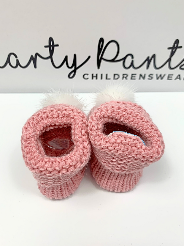 Knitted Baby Booties With Faux Fur Pom Pom - 5 Colours