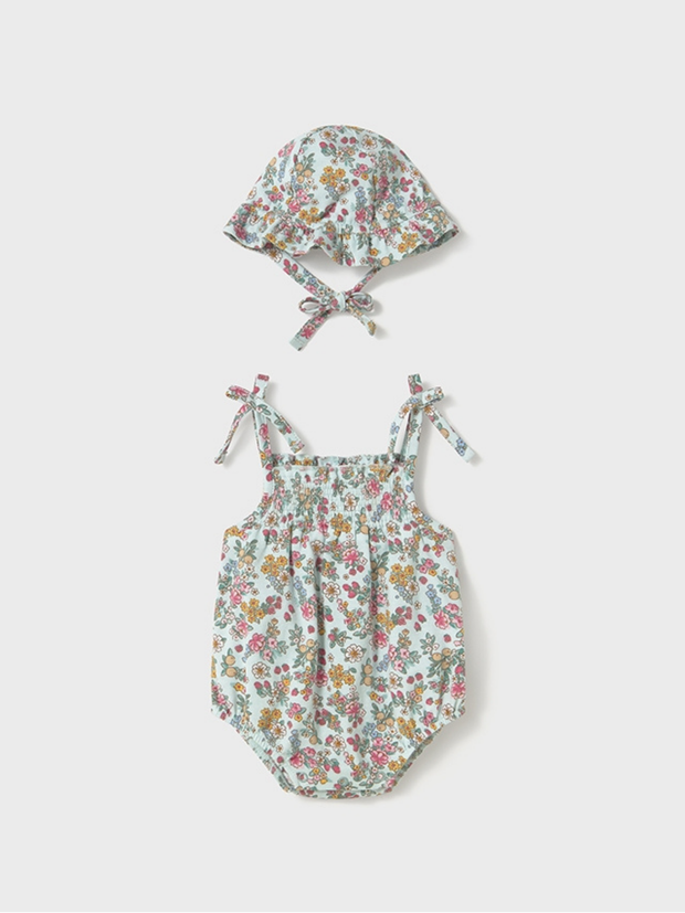 Mayoral Baby Girl Floral Romper With Matching Hat - 2 Colours