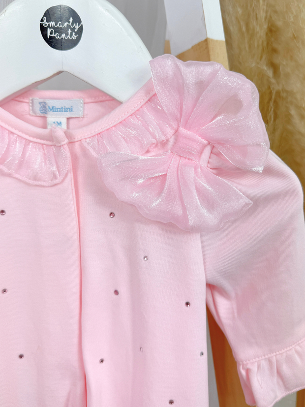 Mintini Baby Girl Pink Diamante Bow Babygrow (1M - 6M)