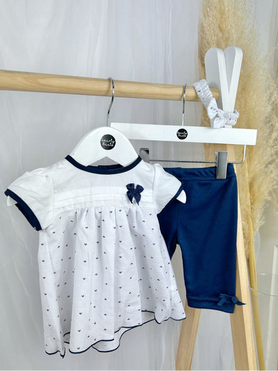 Baby Girl White & Navy Legging Set With Matching Headband