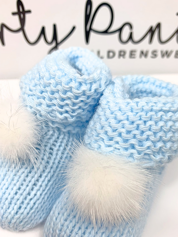 Knitted Baby Booties With Faux Fur Pom Pom - 5 Colours