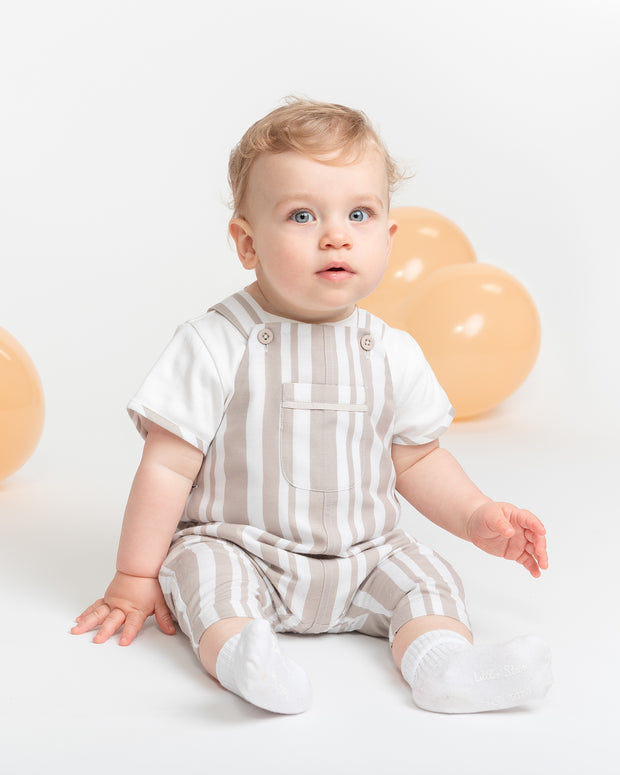 Caramelo Baby Boy Beige Stripe Dungaree Set