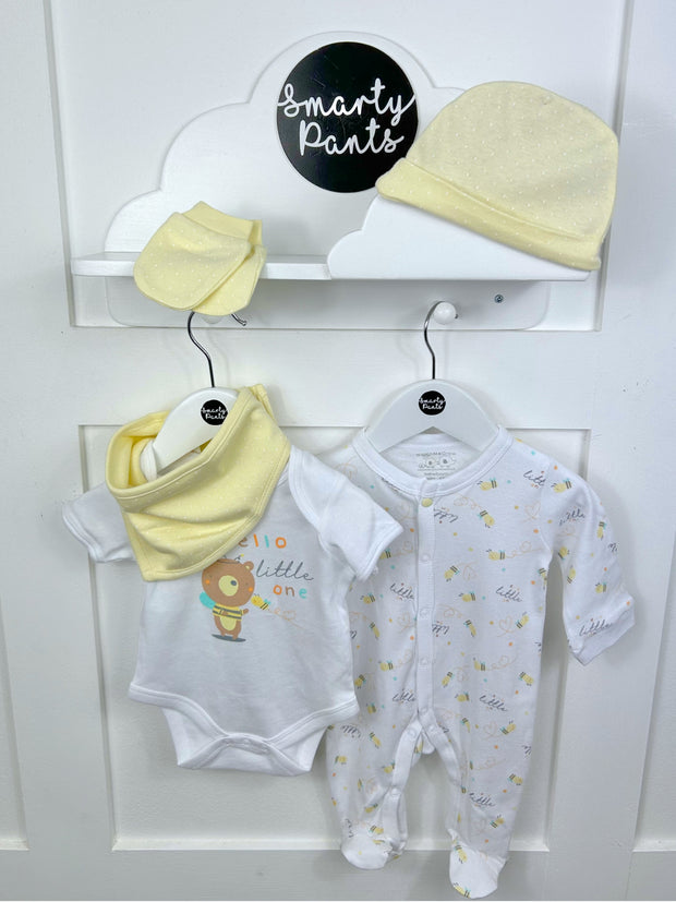 White Unisex Little Bees Babygrow 5 Piece Set