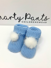 Knitted Baby Booties With Faux Fur Pom Pom - 5 Colours