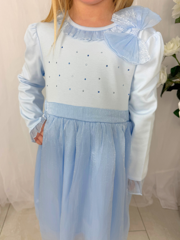 Mintini Girls Blue Bow Frill Dress (3M - 5Y)