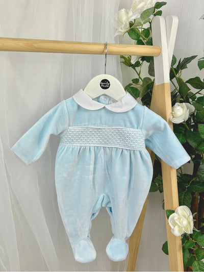 Pex Blue Smocked Velour Babygrow (0M-9M)