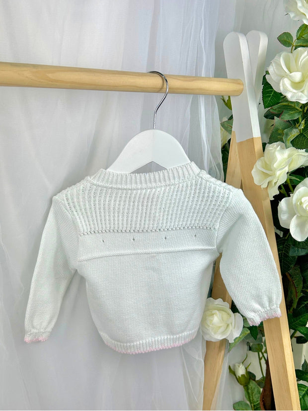 Baby Girl 'Emmy' White & Pink Bow Cardigan