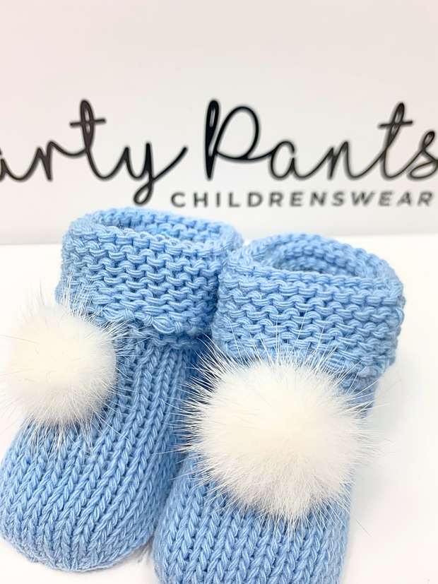 Knitted Baby Booties With Faux Fur Pom Pom - 5 Colours