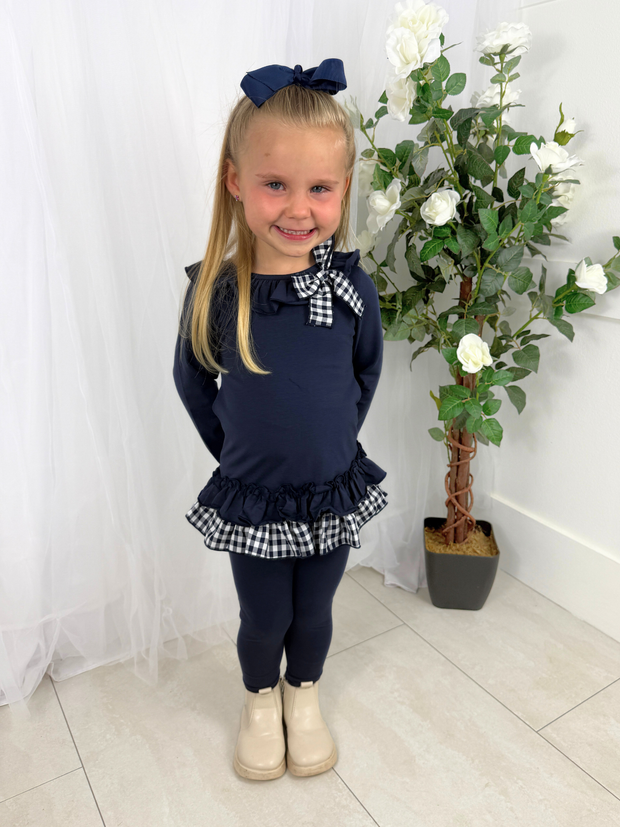 Girls 'Clara' Frill Checked Legging Set (18M - 8Y) - Navy