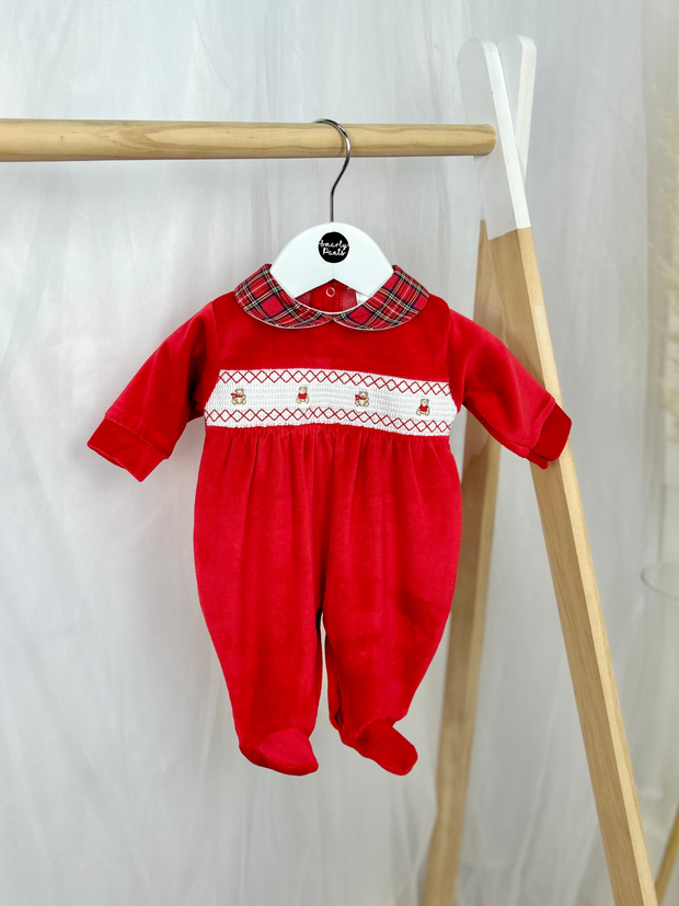 Unisex Red Teddy Smocked Sleepsuit