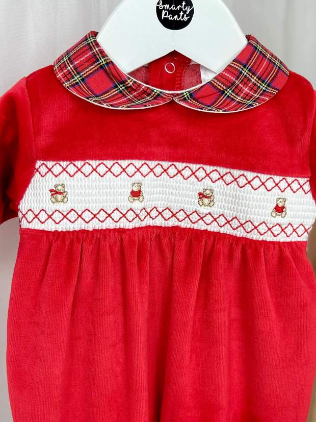 Unisex Red Teddy Smocked Sleepsuit