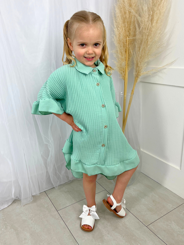 Girls Frill Shirt Dress - Mint