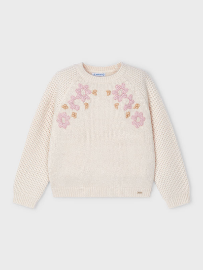 Mayoral Junior Girl Cream Knitted Jumper with Pink Flowers