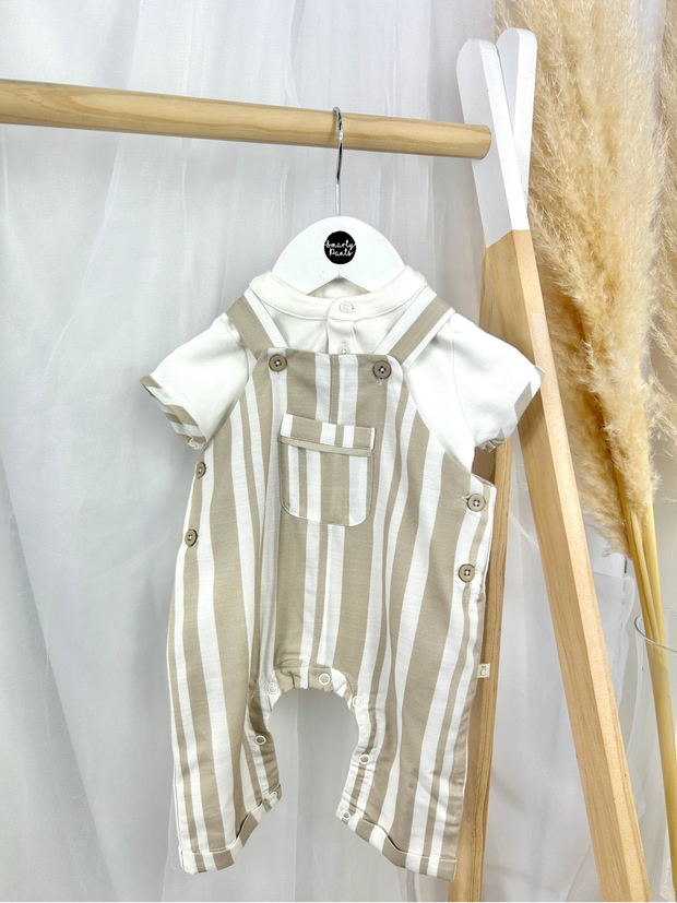 Caramelo Baby Boy Beige Stripe Dungaree Set