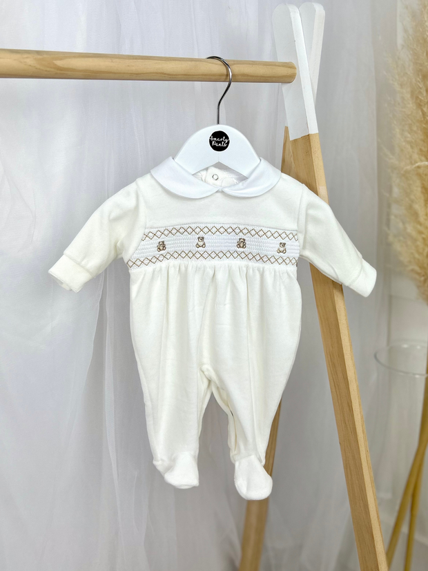 Unisex Ivory Teddy Smocked Sleepsuit