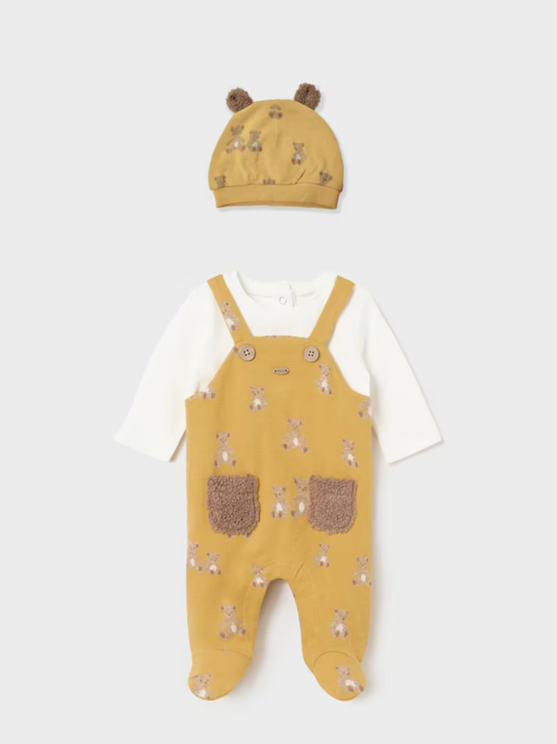 Mayoral Baby Boy Teddy Print Dungaree With Hat - 2 Colours