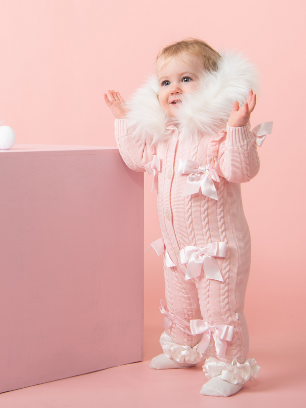 Caramelo Kids Baby Girl Knitted Bow Pramsuit With Faux Fur Hood