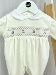 Unisex Ivory Teddy Smocked Sleepsuit